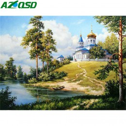 AZQSD diamentowe malowanie letnie sceniczne ręcznie robione Home Decor pełny okrągły wydrążony haft diamentowy sprzedaż pejzaż d