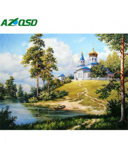 AZQSD diamentowe malowanie letnie sceniczne ręcznie robione Home Decor pełny okrągły wydrążony haft diamentowy sprzedaż pejzaż d